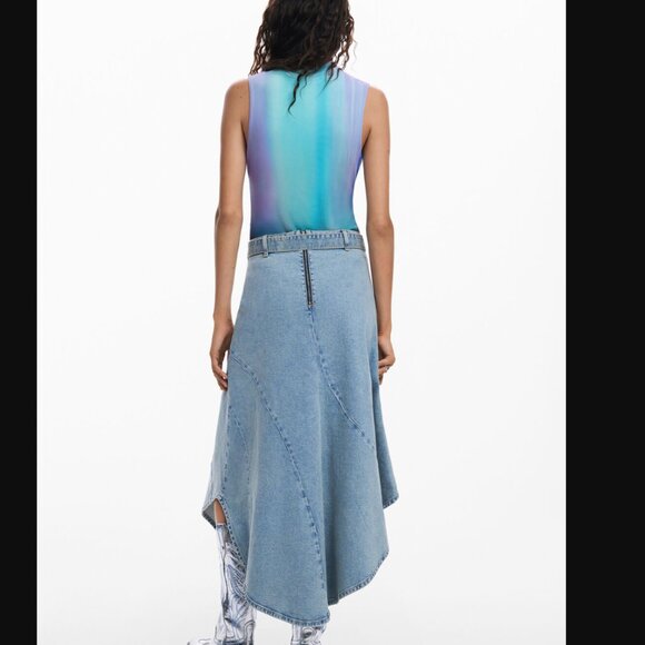 NWT DESIGUAL BLUE ASYMMETRIC DENIM WESTERN BOHO BELTED MIDI SKIRT US Small - Picture 4 of 12